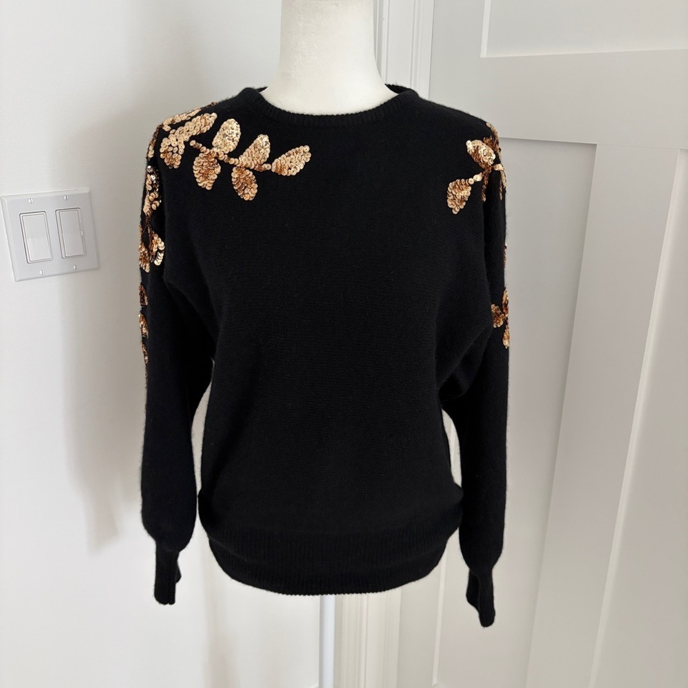 James St John Black Lambswool Angora Sweater Gold Sequin Detail Sz M Vintage*Q10